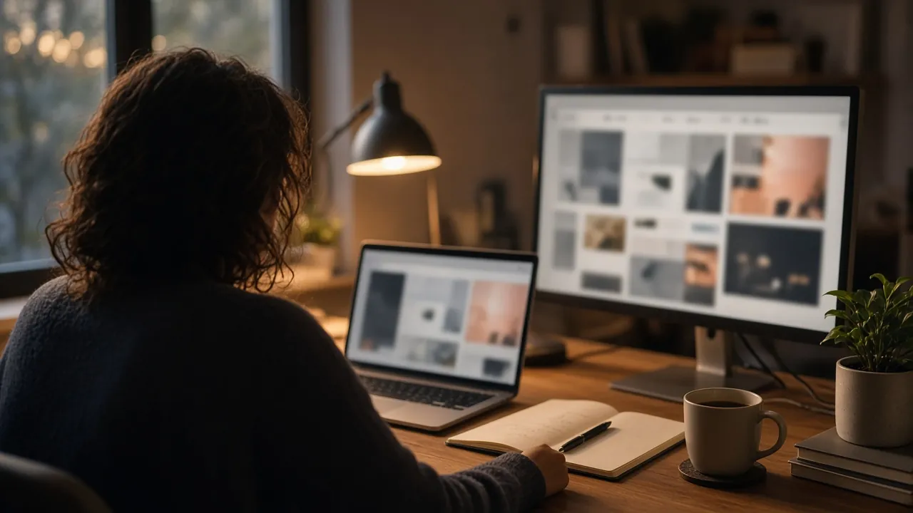 Person working at a desk with a laptop and monitor
