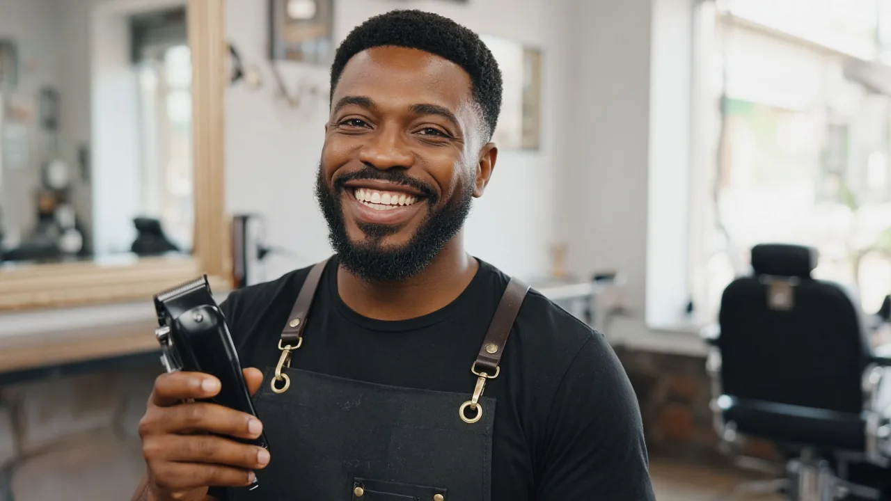 Barber holding clippers in a barbershop