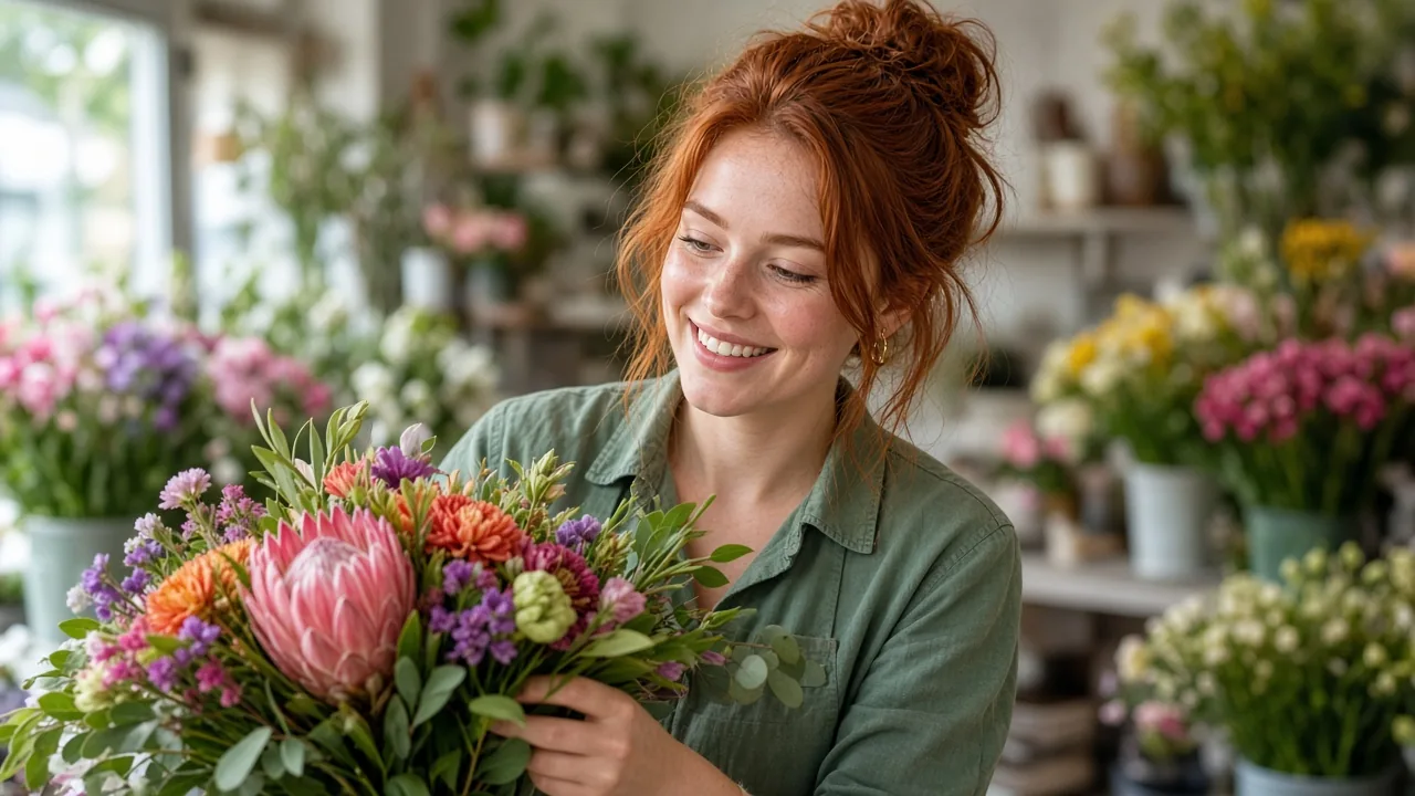 Florist holding a bouquet in a flower shop