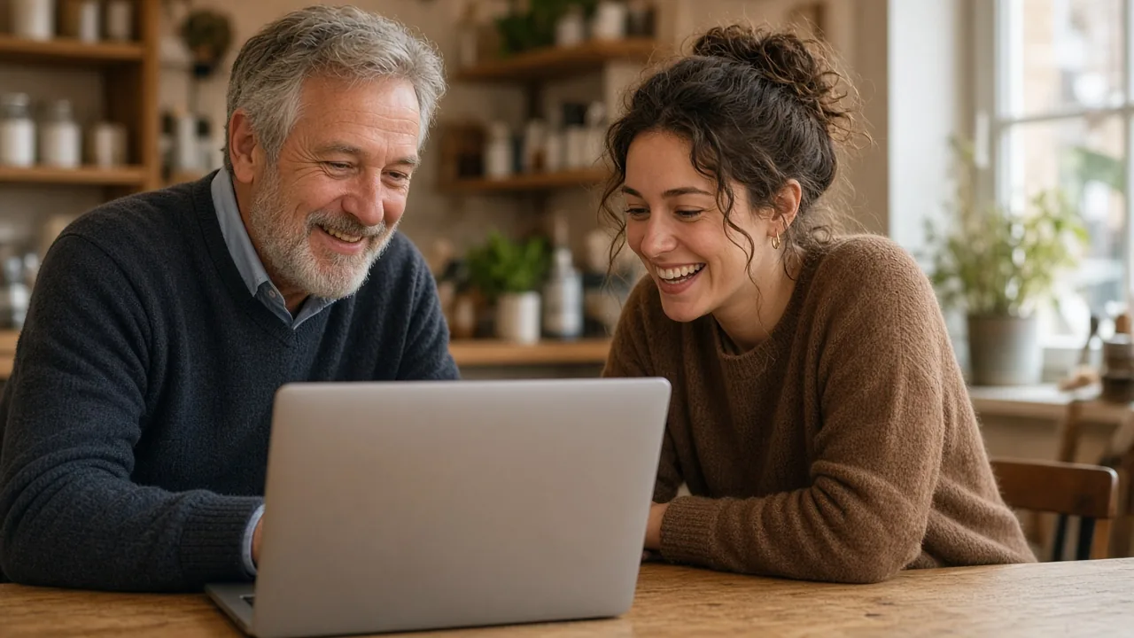 Two small business owners looking at a laptop