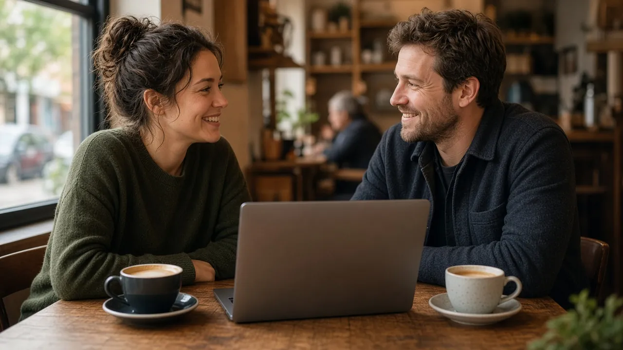 Two people with a laptop and coffee in a café