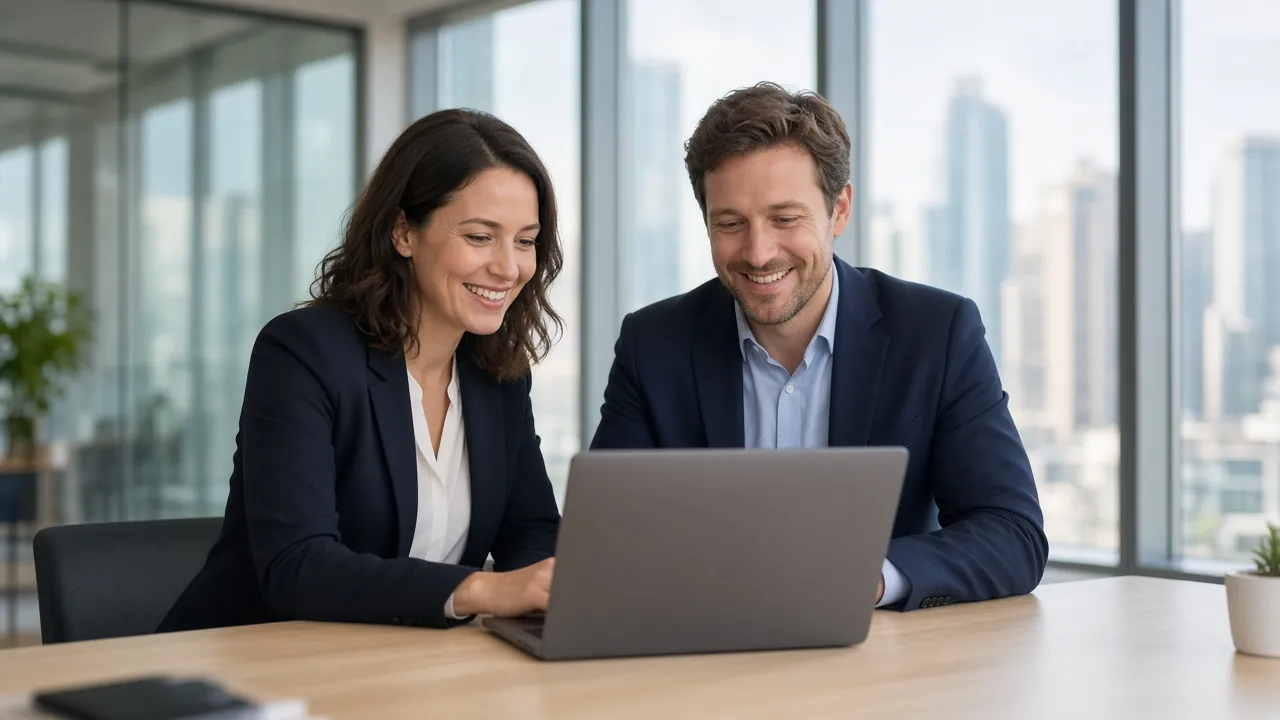 Two people looking at a laptop in an office