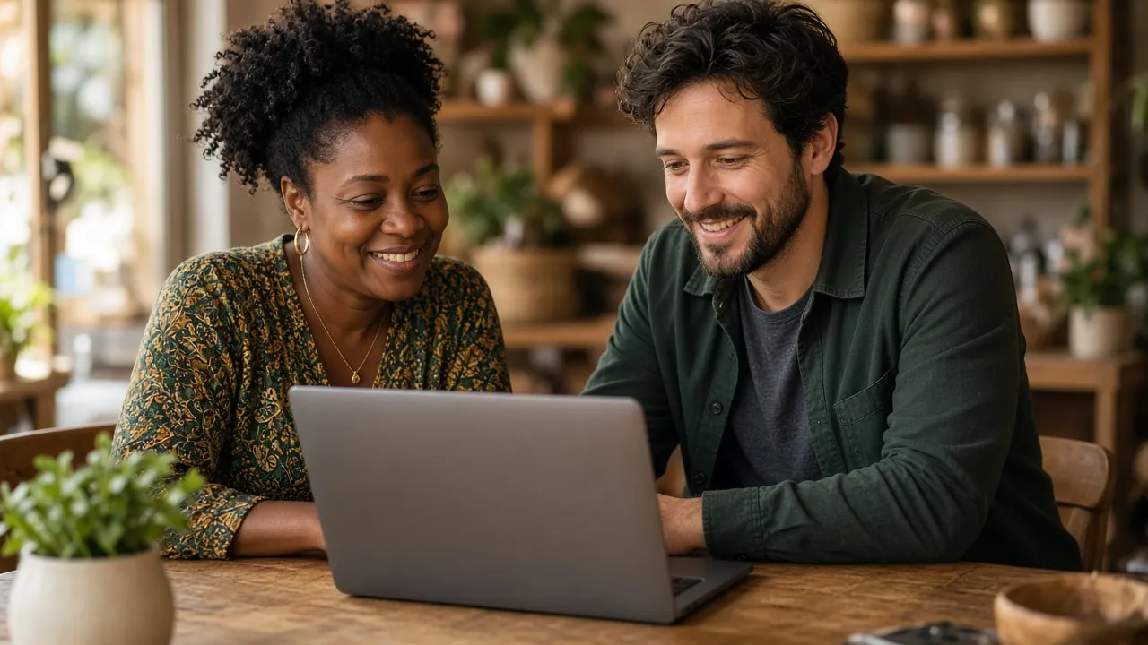 Two people looking at a laptop in a small shop