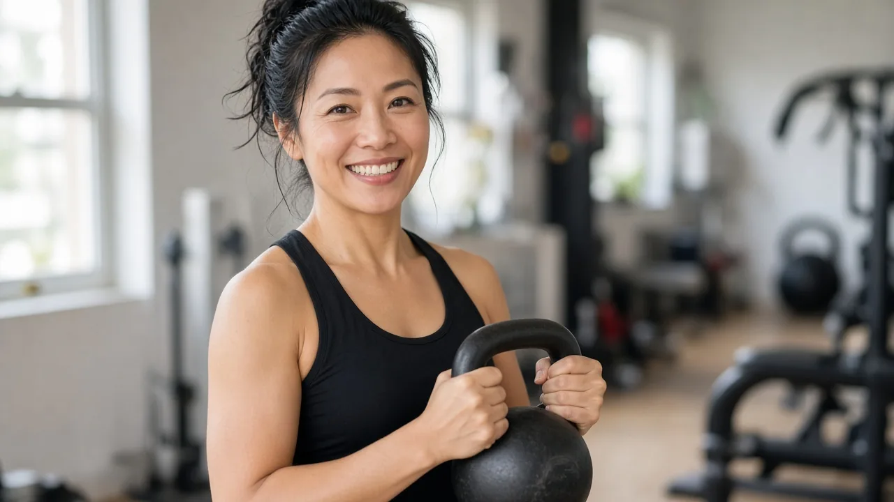 Personal trainer holding a kettlebell in a gym