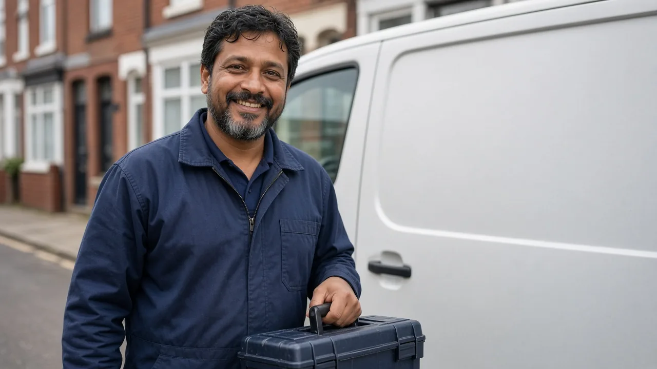 Plumber with a toolbox beside a van